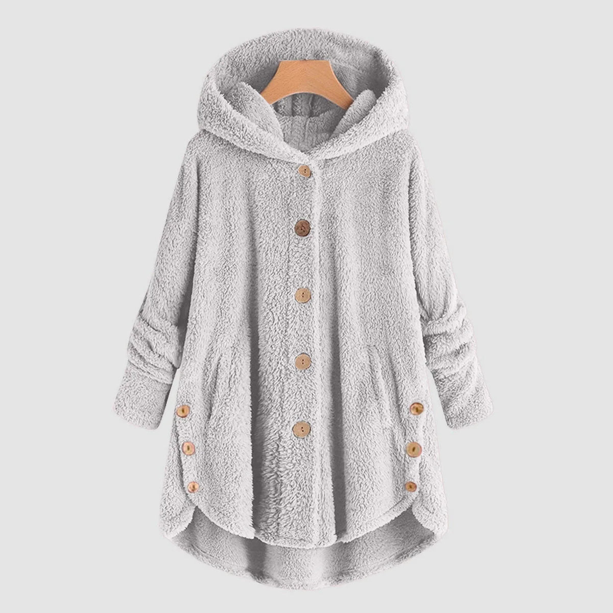 Damen Kuschelige Kapuzenjacke aus Fleece mit Holzknöpfen