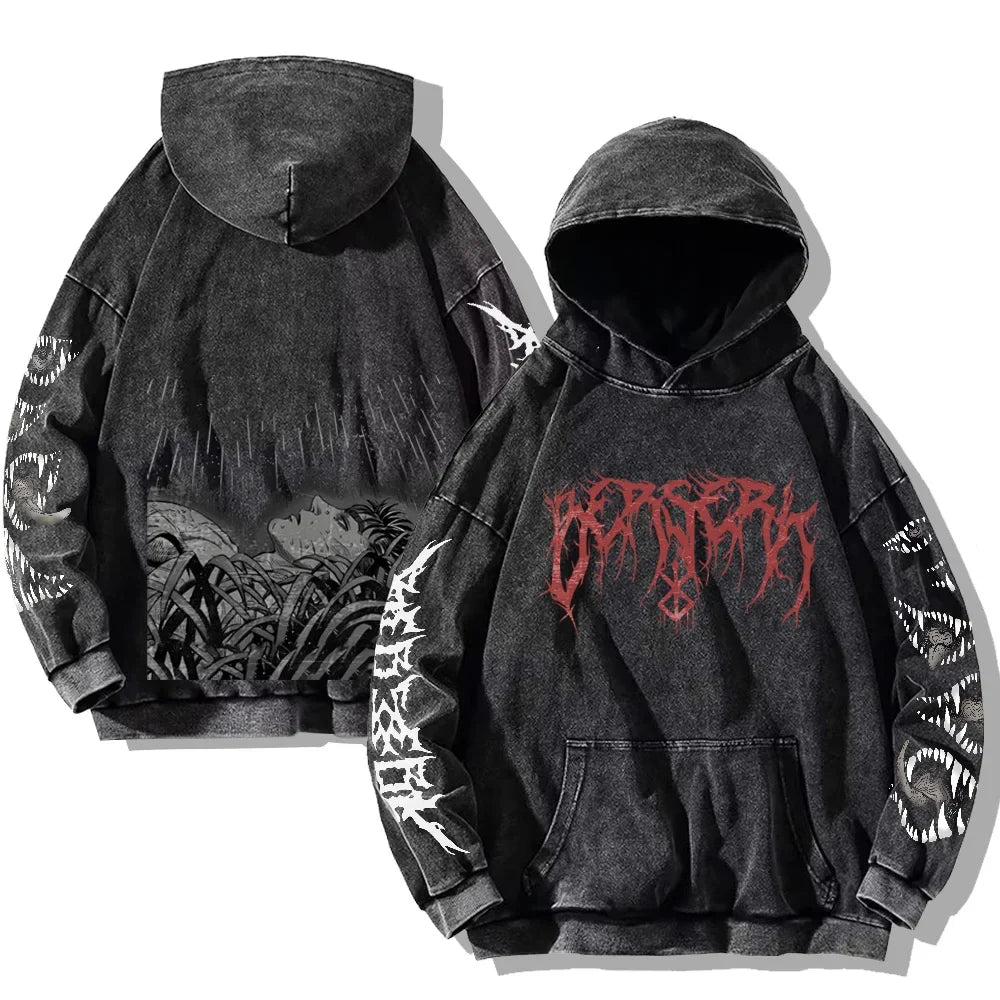 Oversized Kapuzenpullover Dunkelgrau mit Front- und Rückenprint und Ärmelprints