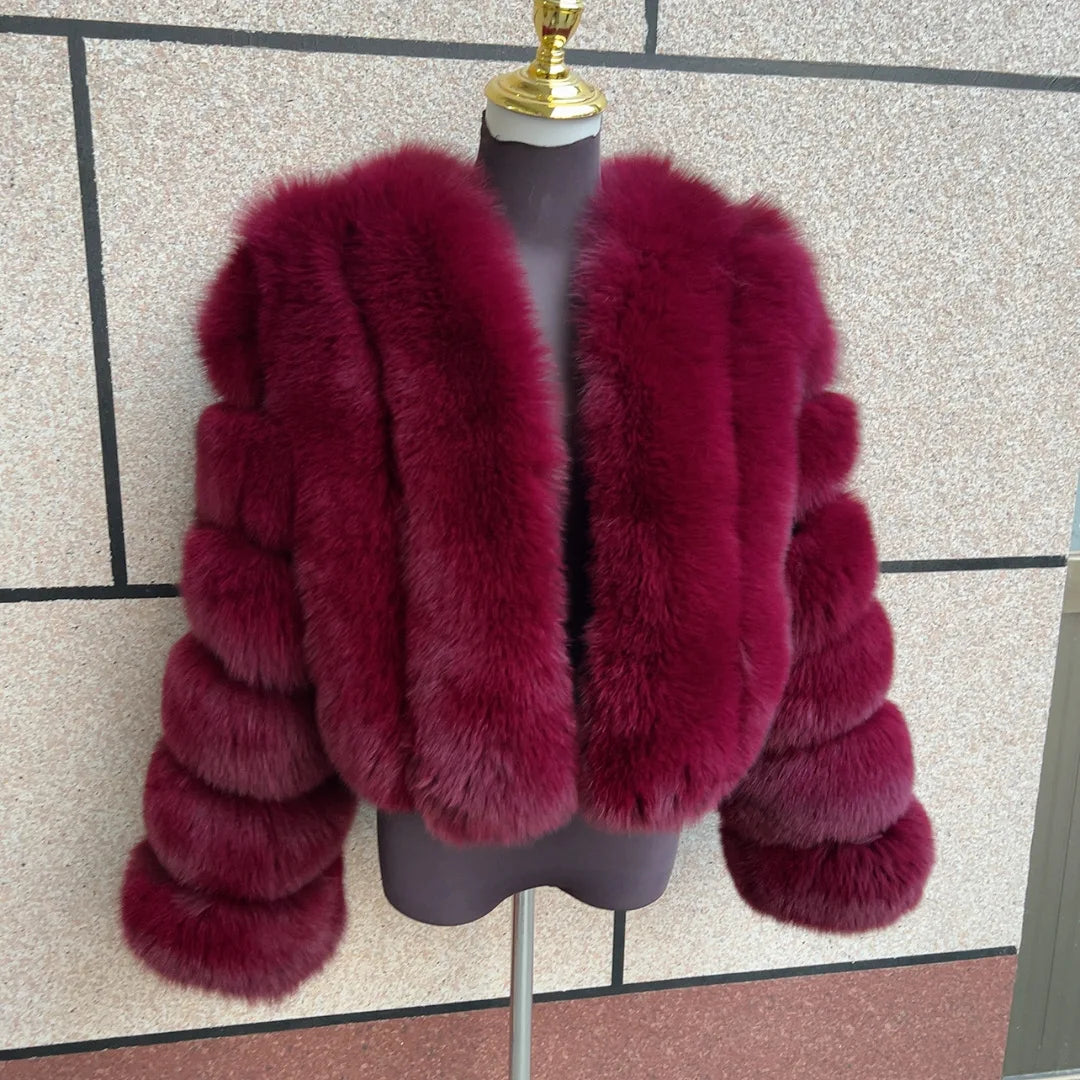 Damen Kurz Kunstpelzjacke Pelzmantel mit V-Ausschnitt