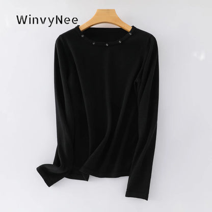 Damen Langarmshirt mit Rundhalsausschnitt & Zierknöpfen, Weicher Stoff, Mehrfarbig
