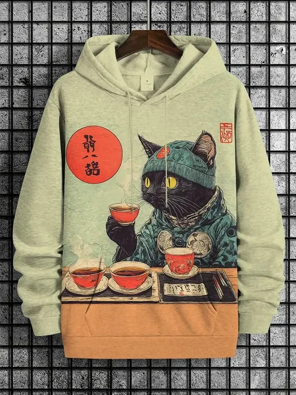 Hoodie mit Katzen-Print Kampfkunst-Motiv Beige Unisex Kapuzenpullover Kängurutasche