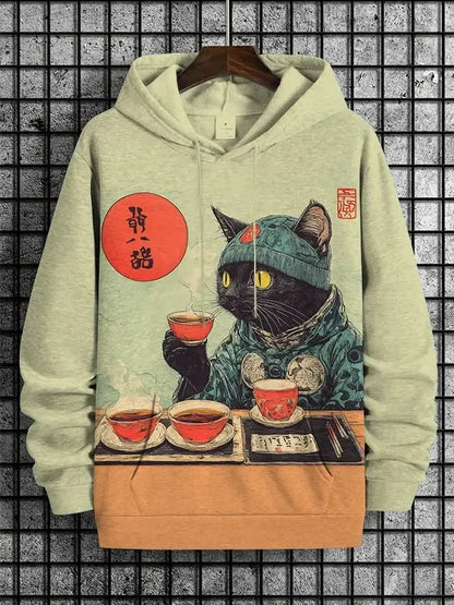 Hoodie mit Katzen-Print Kampfkunst-Motiv Beige Unisex Kapuzenpullover Kängurutasche