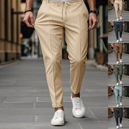Herren Freizeithose Khaki Elastischer Bund Kordelzug Mit Bügelfalte
