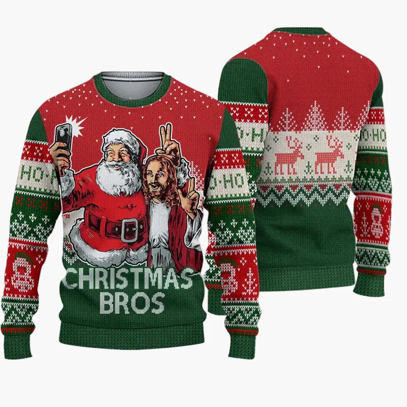 Herren Weihnachts-Pullover Lustig Ugly Christmas Sweater „Christmas Bros“ mit Santa & Jesus – Perfekt für Weihnachtsfeiern