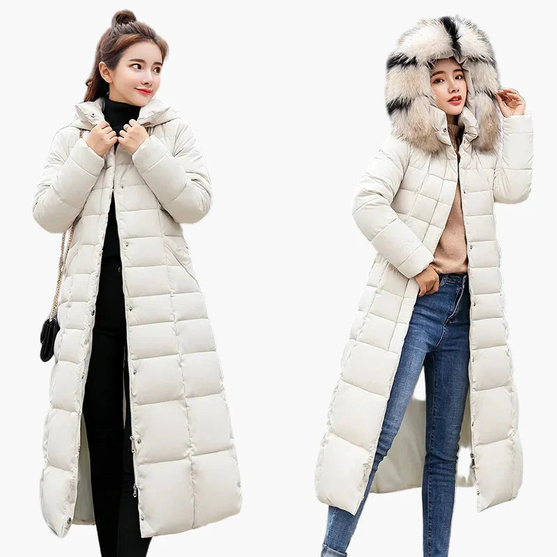 Damen Winter Steppmantel mit Kapuze und Fellkragen – Eleganter langer Mantel für Alltag & Freizeit, Koreanischer Stil