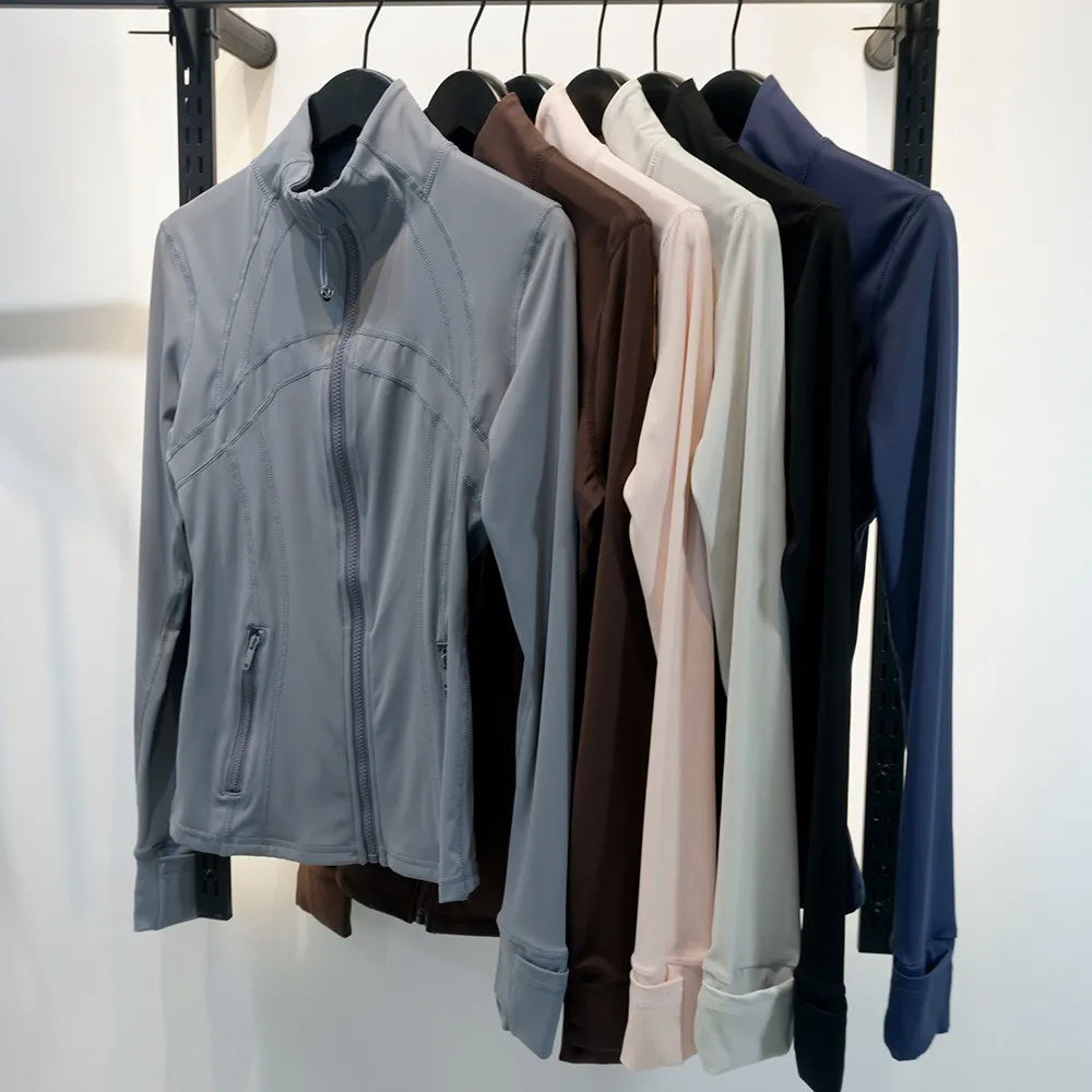 Damen Sportjacke mit Stehkragen, Reißverschluss und Daumenlöchern – Grau