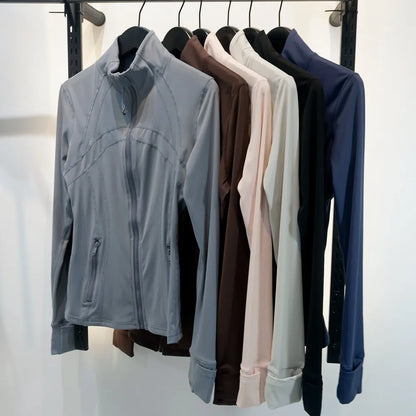 Damen Sportjacke mit Stehkragen, Reißverschluss und Daumenlöchern – Grau