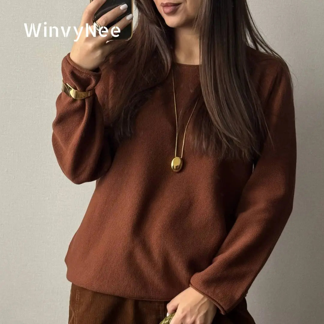 Damen Langarm Pullover mit Rundhalsausschnitt Freizeit Strick-Oberteil