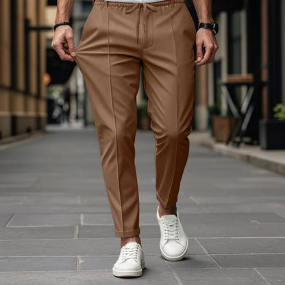 Herren Freizeithose Khaki Elastischer Bund Kordelzug Mit Bügelfalte