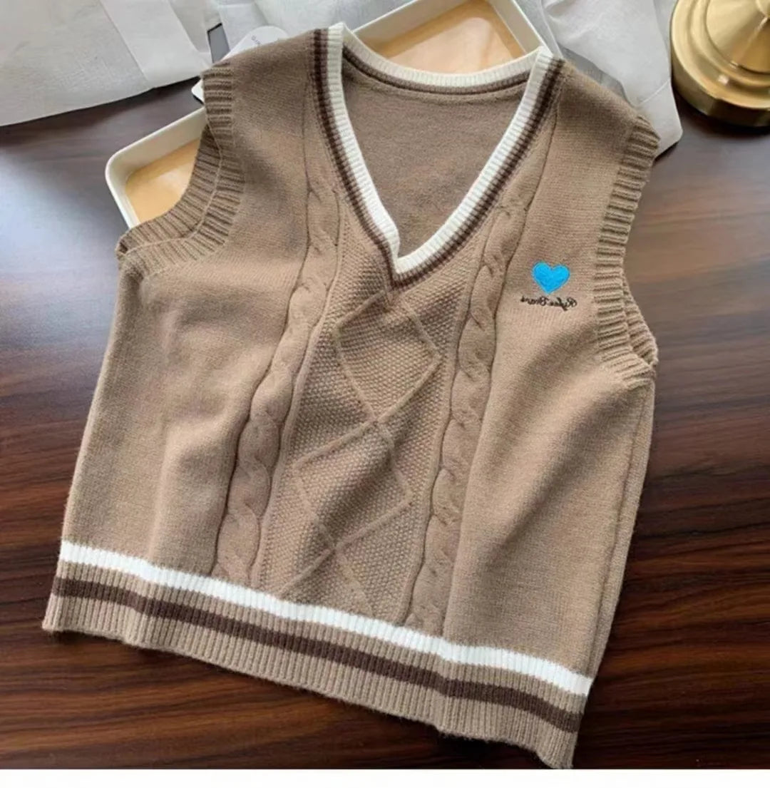 Strick Weste Damen V-Ausschnitt Zopfmuster College-Stil Ärmelloser Pullover