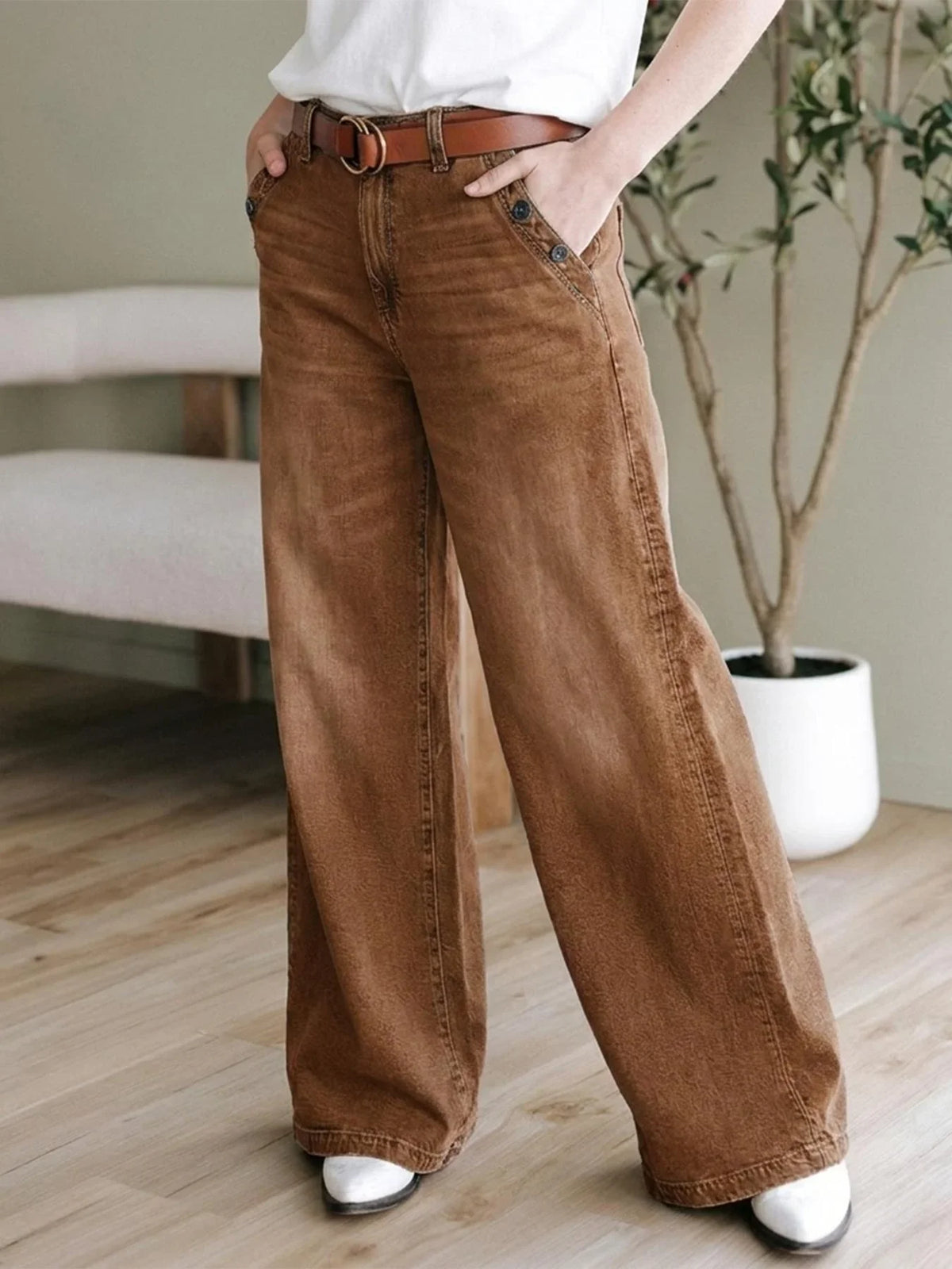 Damen Wide Leg Hose Braun mit hoher Taille und Knöpfen