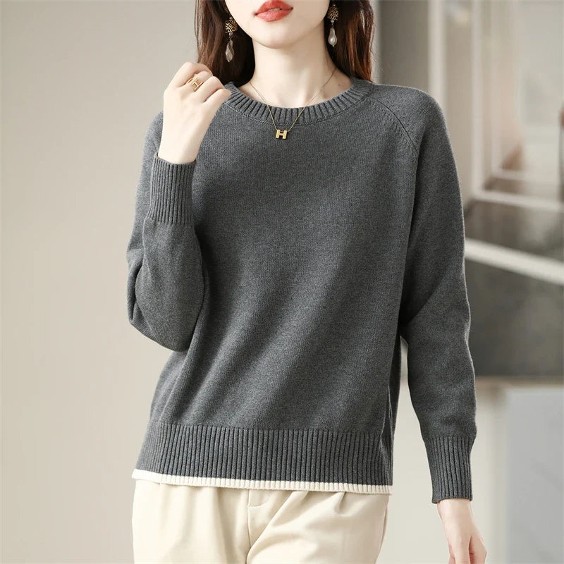 Damen Pullover Rundhals Langarm Strickpullover Einfarbig