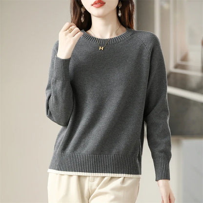 Damen Pullover Rundhals Langarm Strickpullover Einfarbig