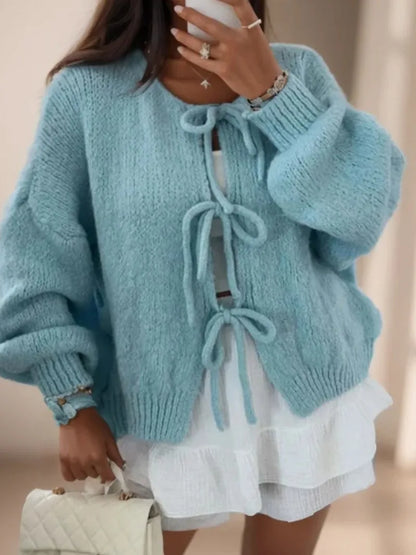 Damen Strickjacke mit Bindebändern – Grobstrick Cardigan
