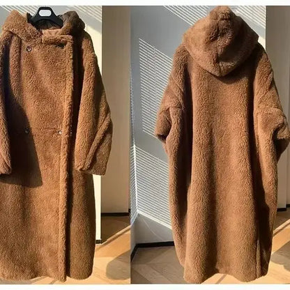Damen Teddy-Fleece Mantel mit Kapuze, lang, braun, kuschelig