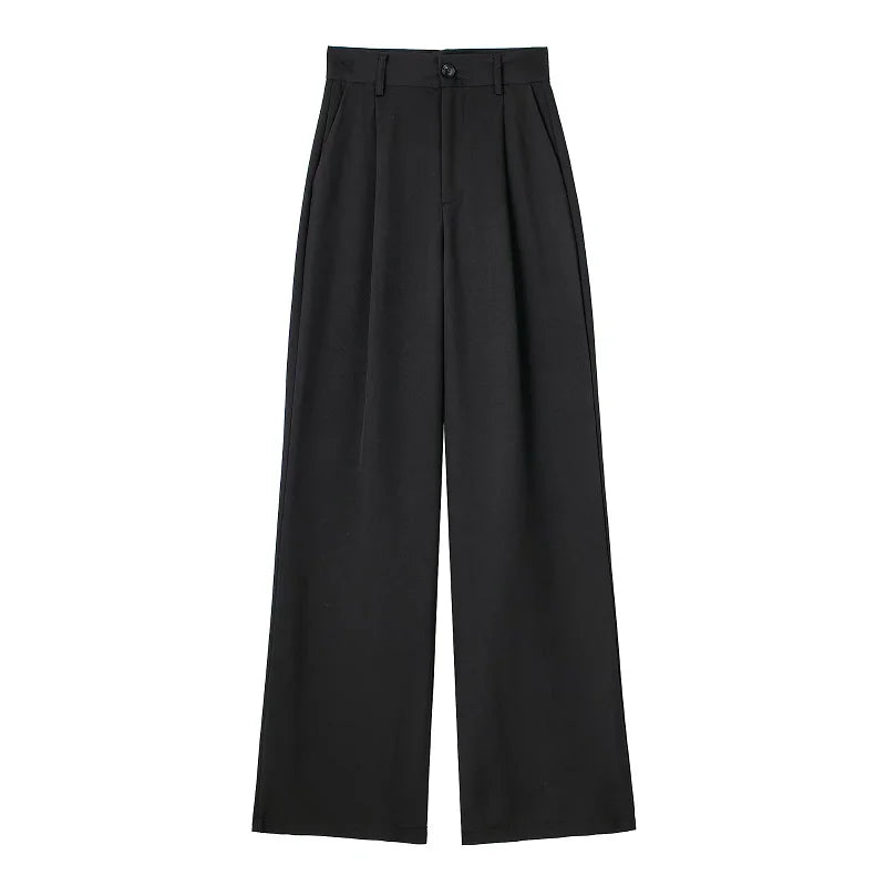 Damen Weite Hosen High Waist Straight Leg mit Faltenwurf – Schwarz, Beige, Grau, Gestreift
