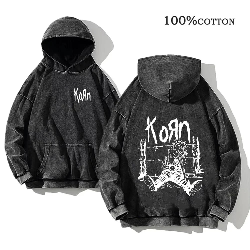 Unisex Kapuzenpullover Grau verwaschen mit Band-Print Vorn & Hinten
