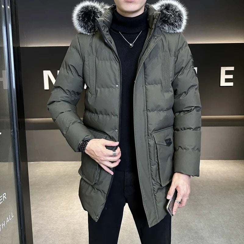 Herren Winterparka mit Kapuze und Kunstfellbesatz, Steppjacke in Marineblau, Schwarz, Grün