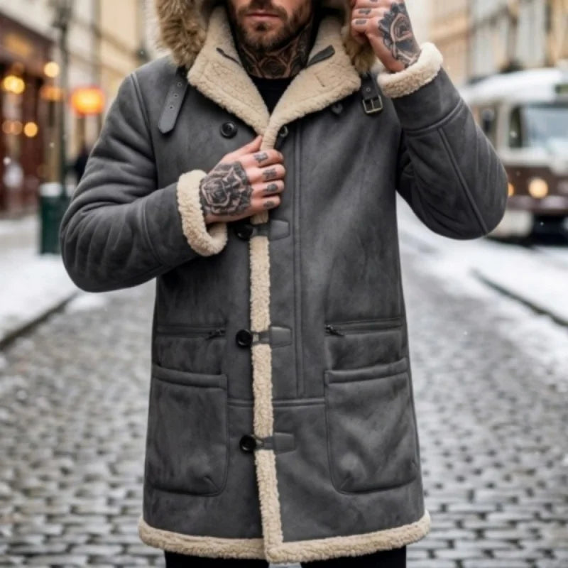 Herren Winterjacke mit Kapuze Pelzimitat Futter Lang Wintermantel Grau