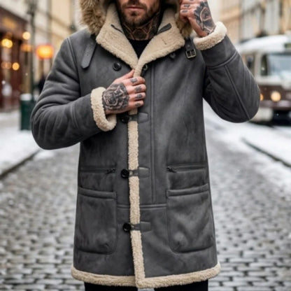 Herren Winterjacke mit Kapuze Pelzimitat Futter Lang Wintermantel Grau