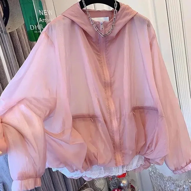 Damen Leichte Windbreaker Jacke mit Kapuze und Reißverschluss Rosa