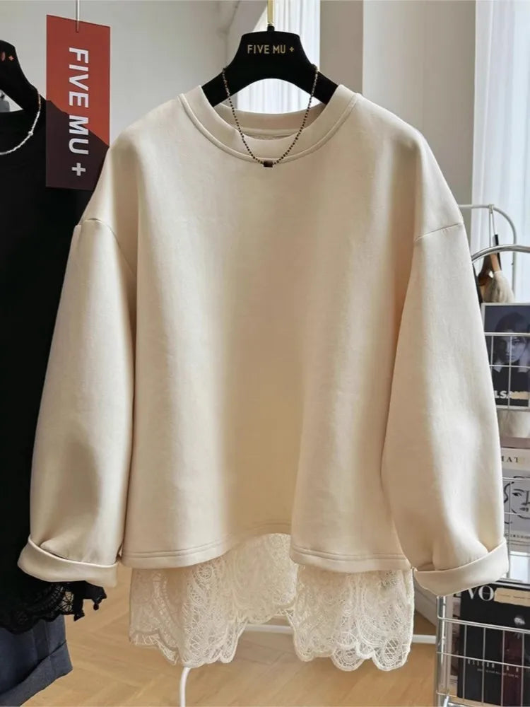 Damen Sweatshirt mit Spitze am Rücken Offen Langer Arm Creme