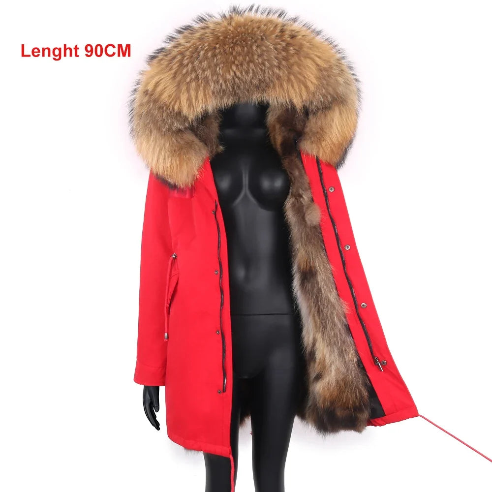 Damen Winterparka Schwarz mit Pelzbesatz Kapuze Lang