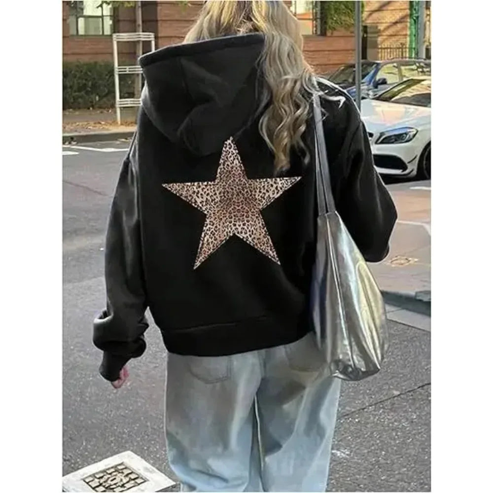 Hoodie Damen mit Leoparden-Stern Aufdruck auf dem Rücken – Oversized Kapuzenpullover