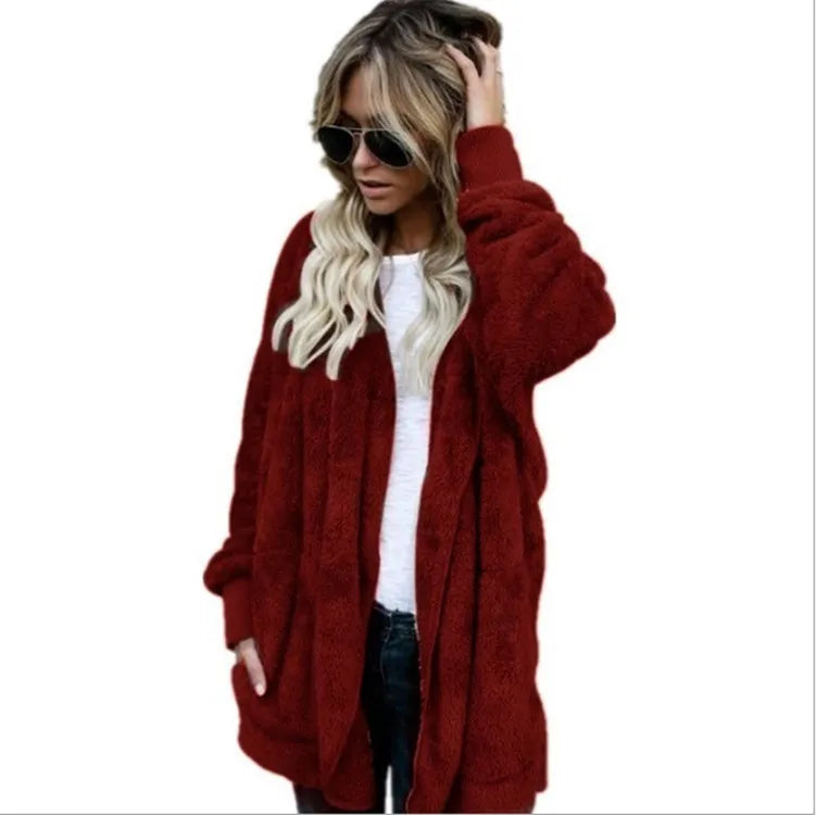 Damen Kuscheliger Teddyfell Cardigan Langarm Offene Vorderseite