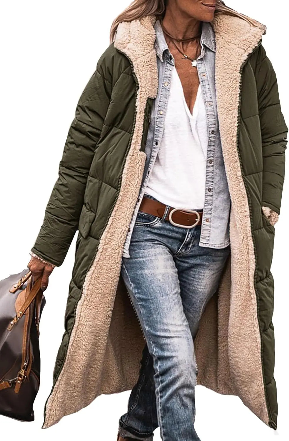 Damen Steppmantel Lang Winter Daunen-Optik mit Teddyfutter Kapuze
