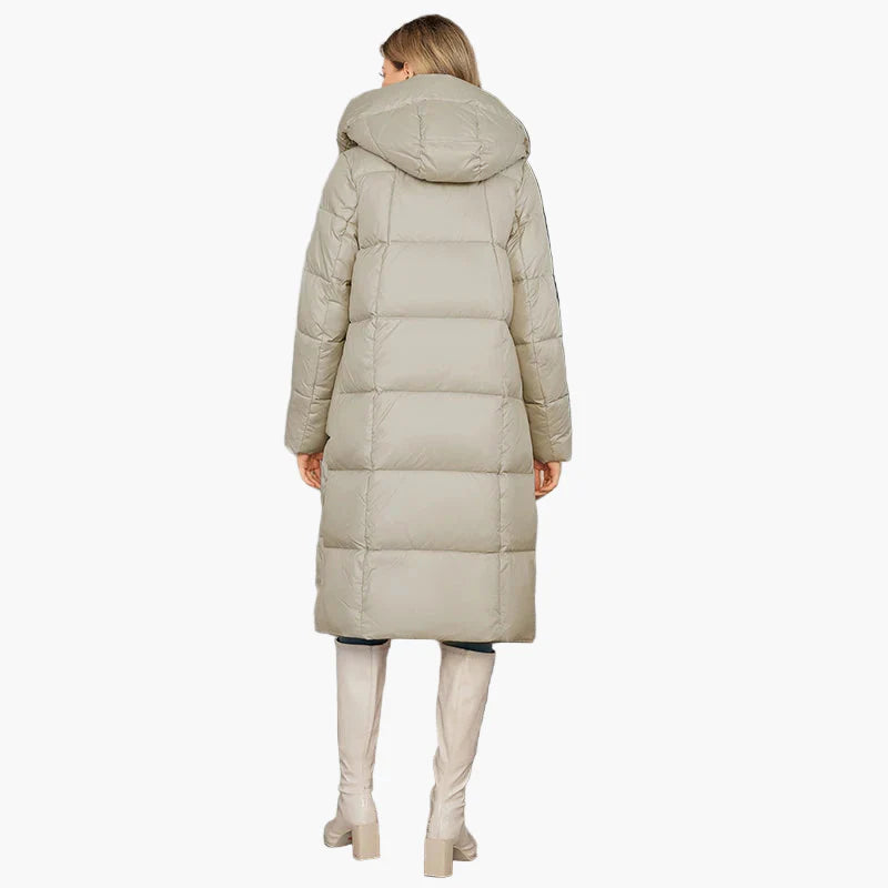 Damen Winter Steppmantel mit Kapuze, langer Daunenstil, modisch und warm für Alltag & Freizeit