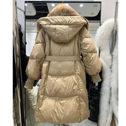 Damen Daunenmantel lang mit Kunstpelzkragen und Gürtel Steppjacke