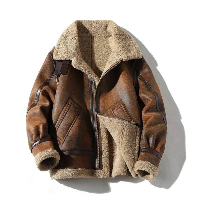 Unisex Winterjacke mit Sherpa-Futter und Reißverschluss – Braun