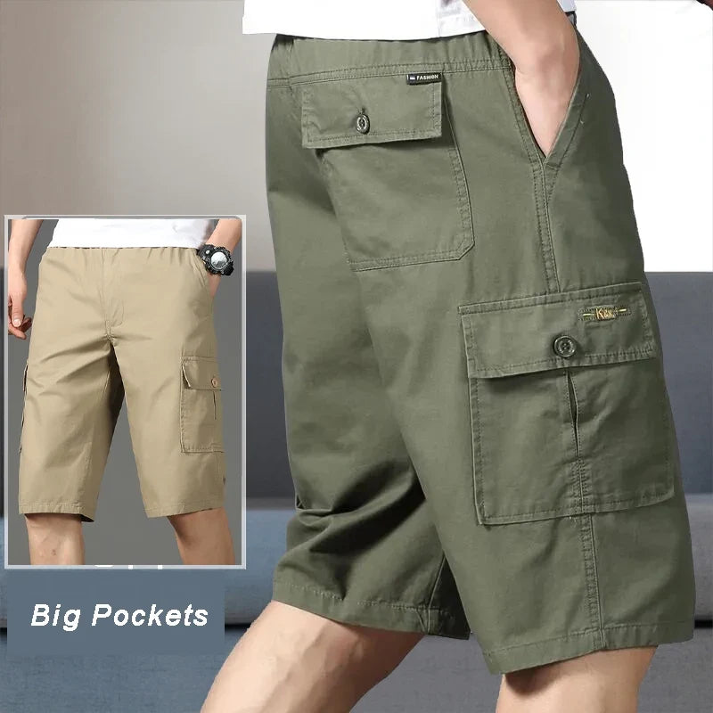 Herren Cargo Shorts Capri Hose Bermuda mit elastischem Bund & Taschen
