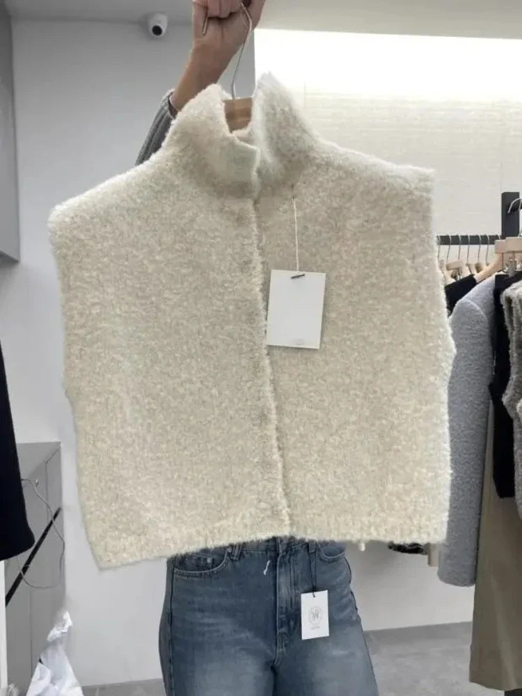 Damen Ärmellose Strickweste mit Stehkragen Bouclé-Optik
