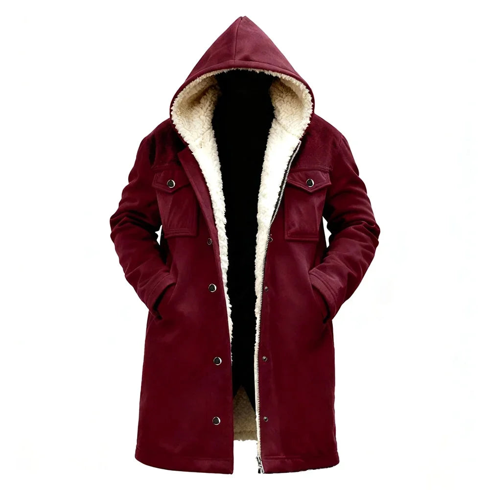 Herren Winterjacke mit Kapuze und Teddyfutter, lang, warm, Schwarz