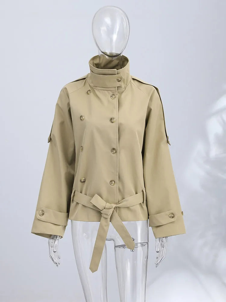 Kurze Trenchjacke Damen Beige Doppelreihig mit Bindegürtel Stehkragen
