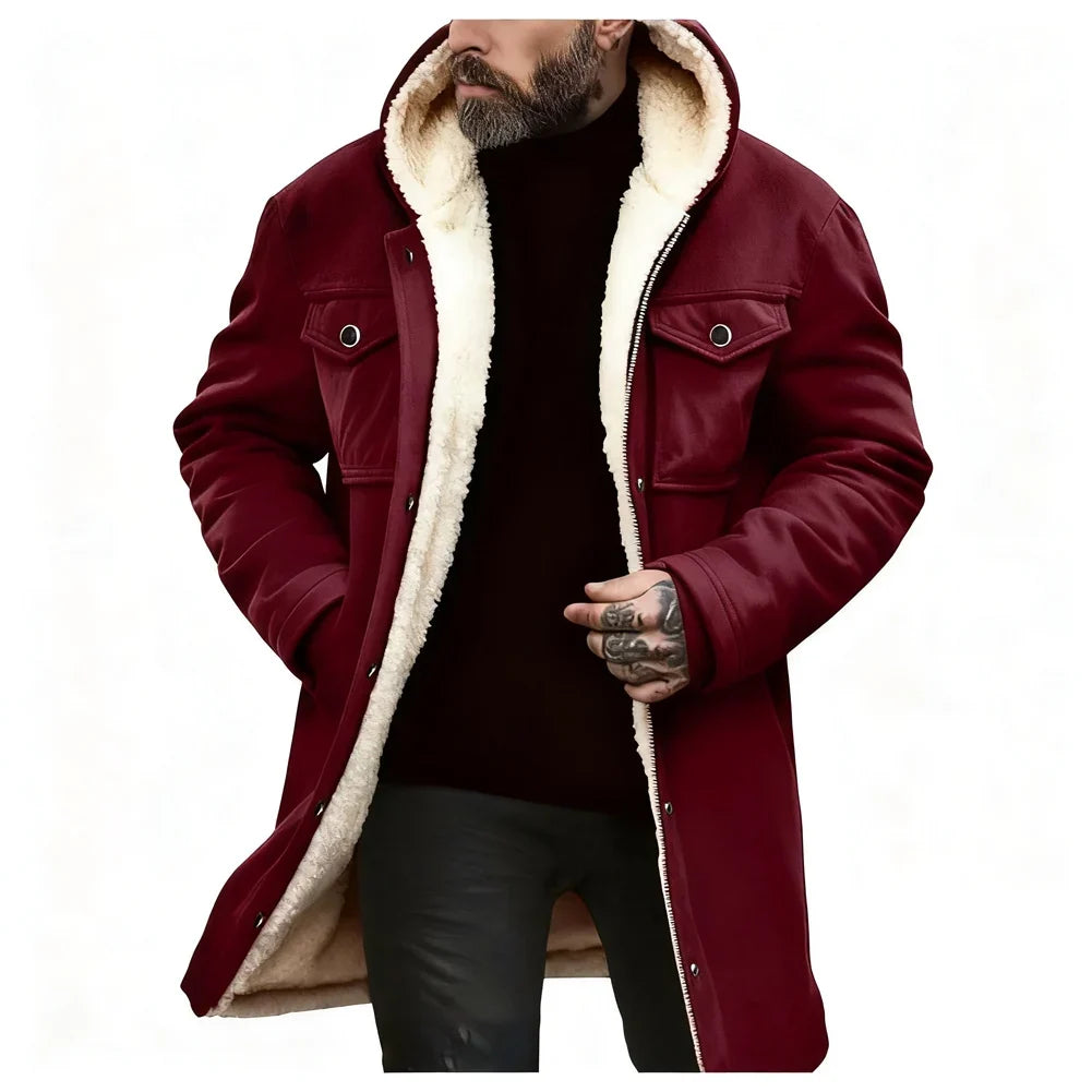 Herren Winterjacke mit Kapuze und Teddyfutter, lang, warm, Schwarz