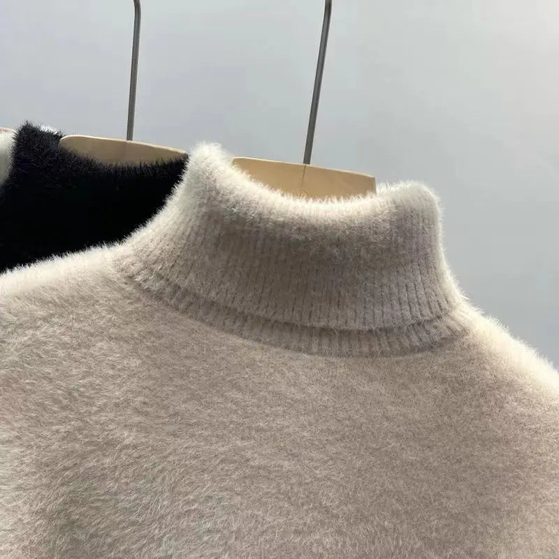 Damen Rollkragenpullover Plüsch Langarm Strickpullover Fluffy Winterpullover