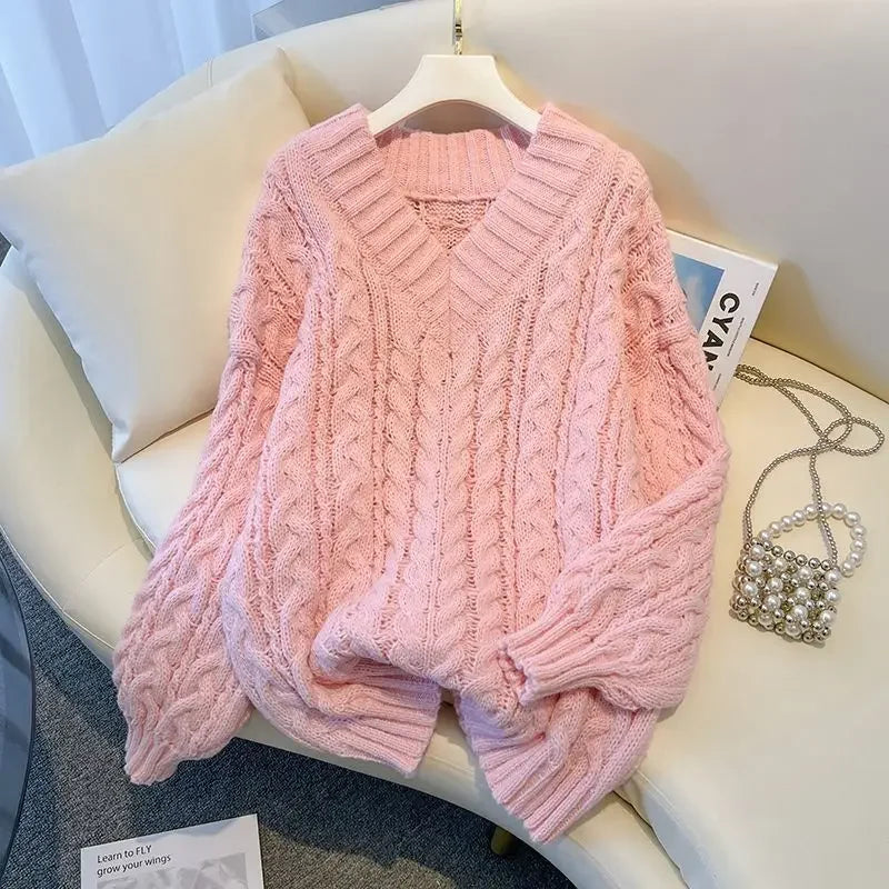 Damen Grobstrick Pullover mit Zopfmuster und V-Ausschnitt – Winter Must-Have, Lässiger Stil, Ideal für Alltag und Layering