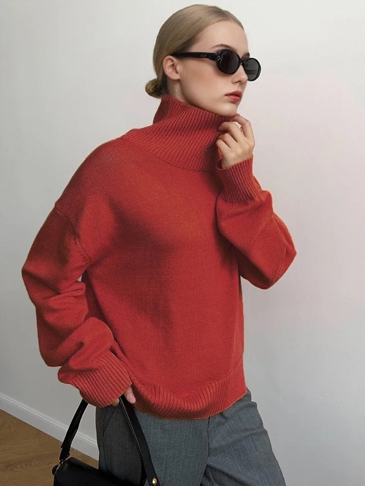 Damen Rollkragenpullover Oversize Strickpullover Lange Ärmel