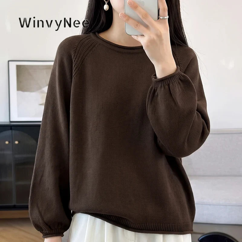 Damen Pullover Rundhals Langarm Strickpullover lockerer Schnitt