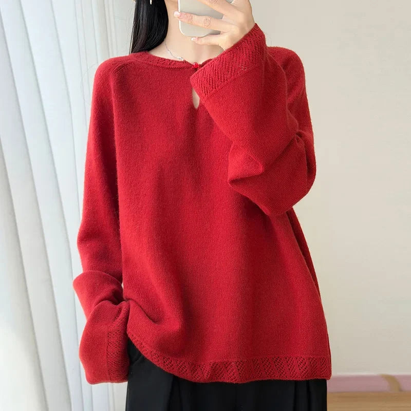 Damen Pullover Langarm Rundhals mit Lochdetails Hellrosa