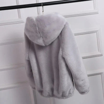 Kurze Kunstfelljacke Damen Kapuze flauschig mit elastischem Saum