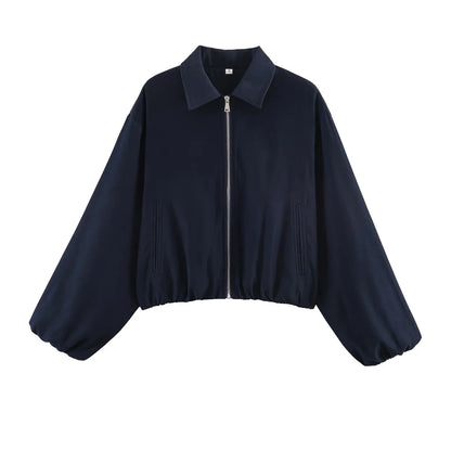 Damen Cropped Jacke Reißverschluss Stehkragen Langarm