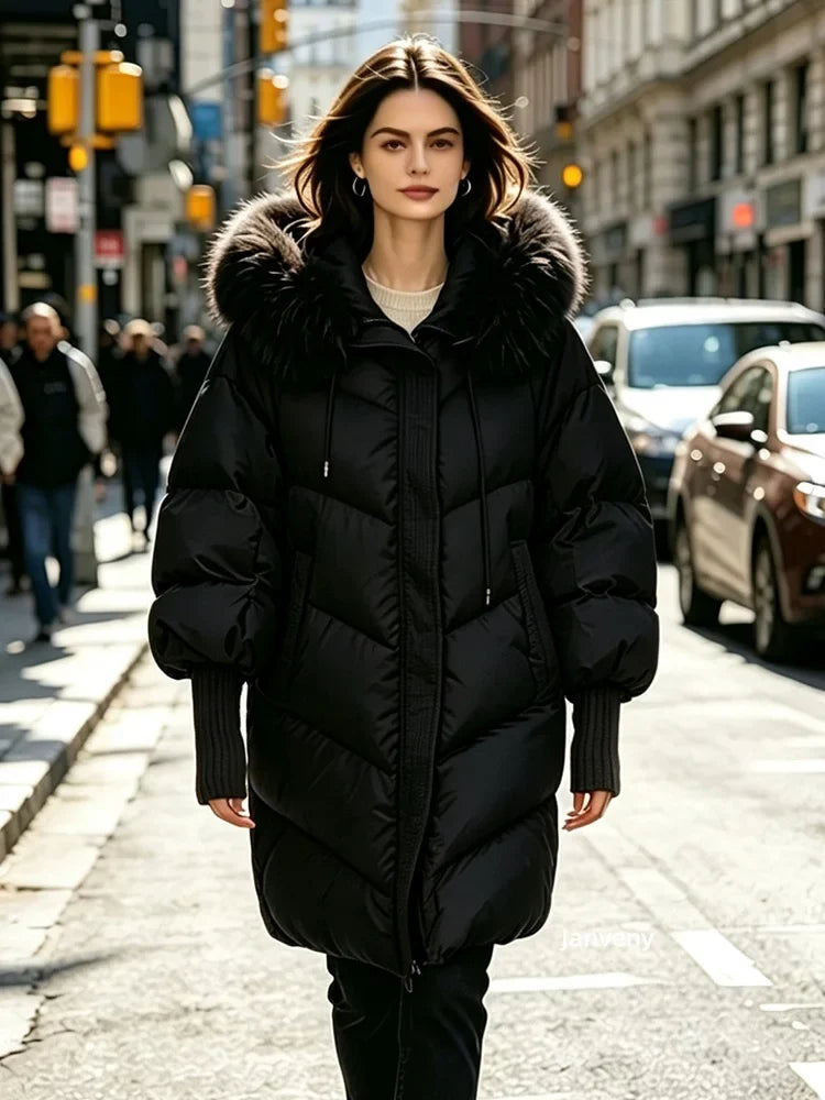 Damen Steppmantel mit Kapuze und Fellimitatbesatz, Warm Gefütterter Winterparka