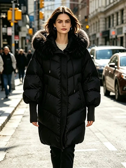 Damen Steppmantel mit Kapuze und Fellimitatbesatz, Warm Gefütterter Winterparka