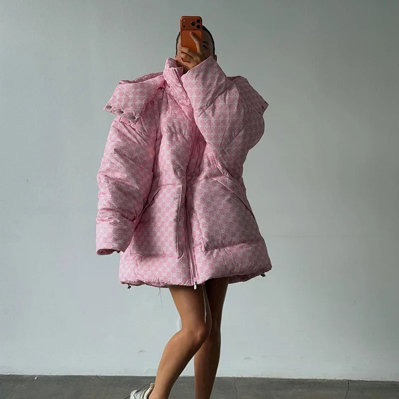 Damen Oversize Steppjacke Gemustert mit Kapuze