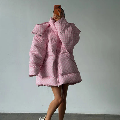 Damen Oversize Steppjacke Gemustert mit Kapuze