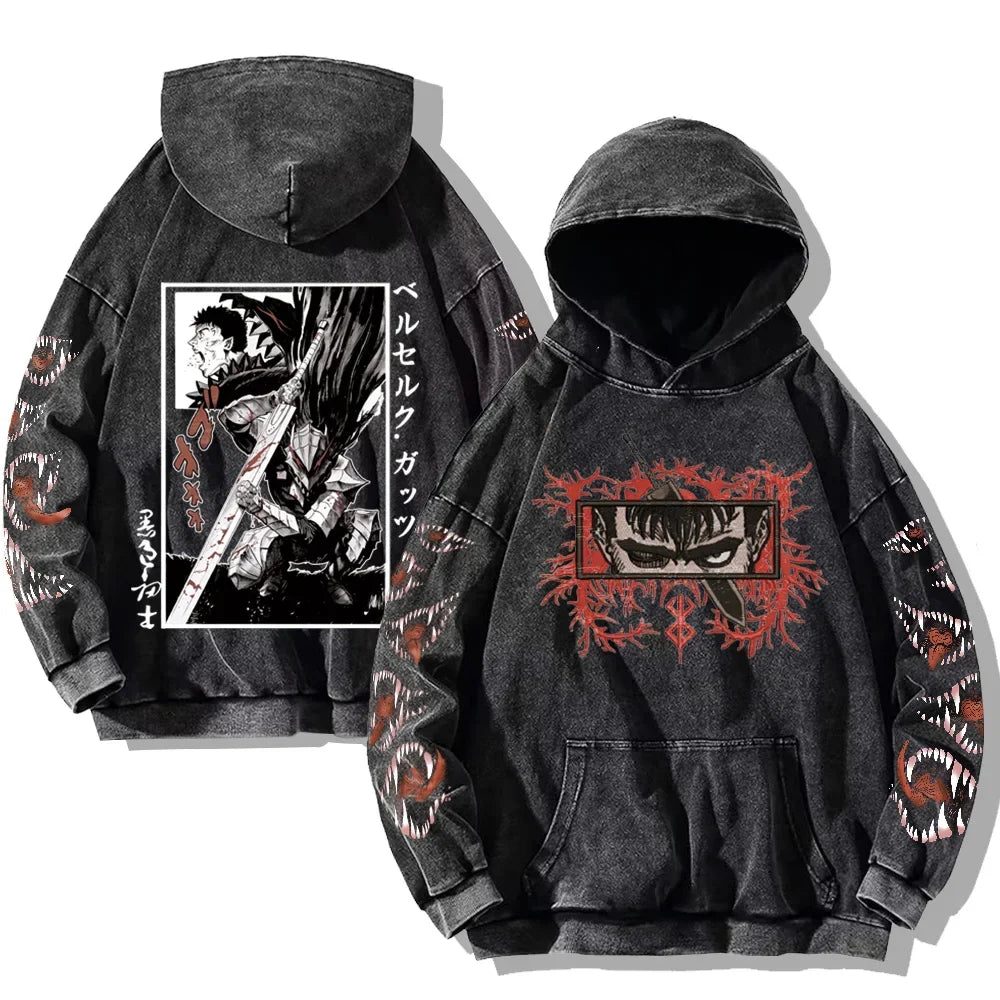 Oversized Kapuzenpullover Dunkelgrau mit Front- und Rückenprint und Ärmelprints